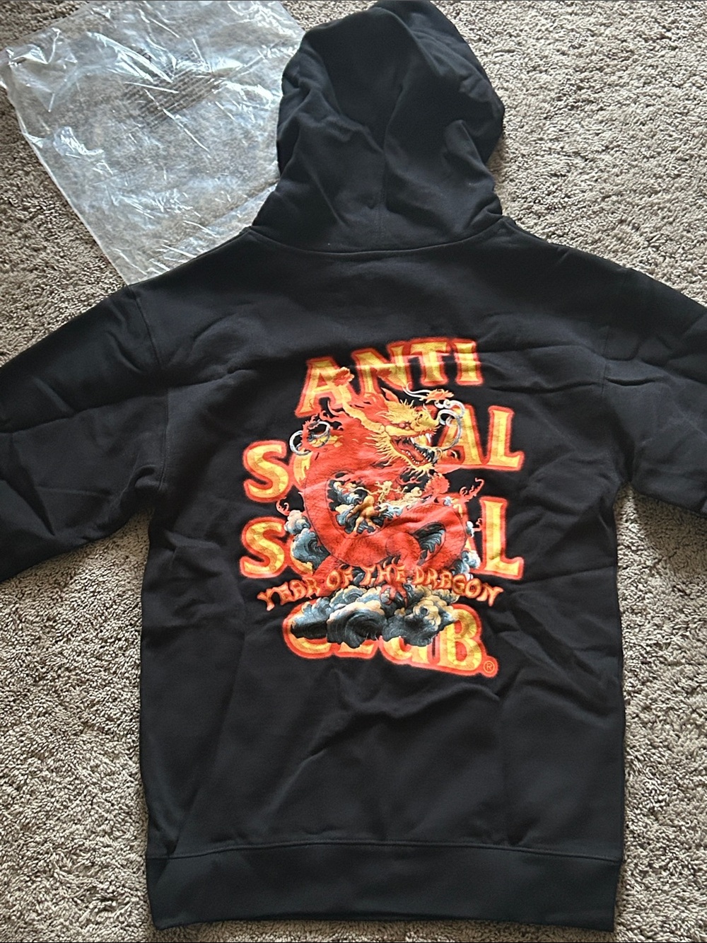 Anti Social Social Club Black Hoodie with Red & Orange Dragon Graphic